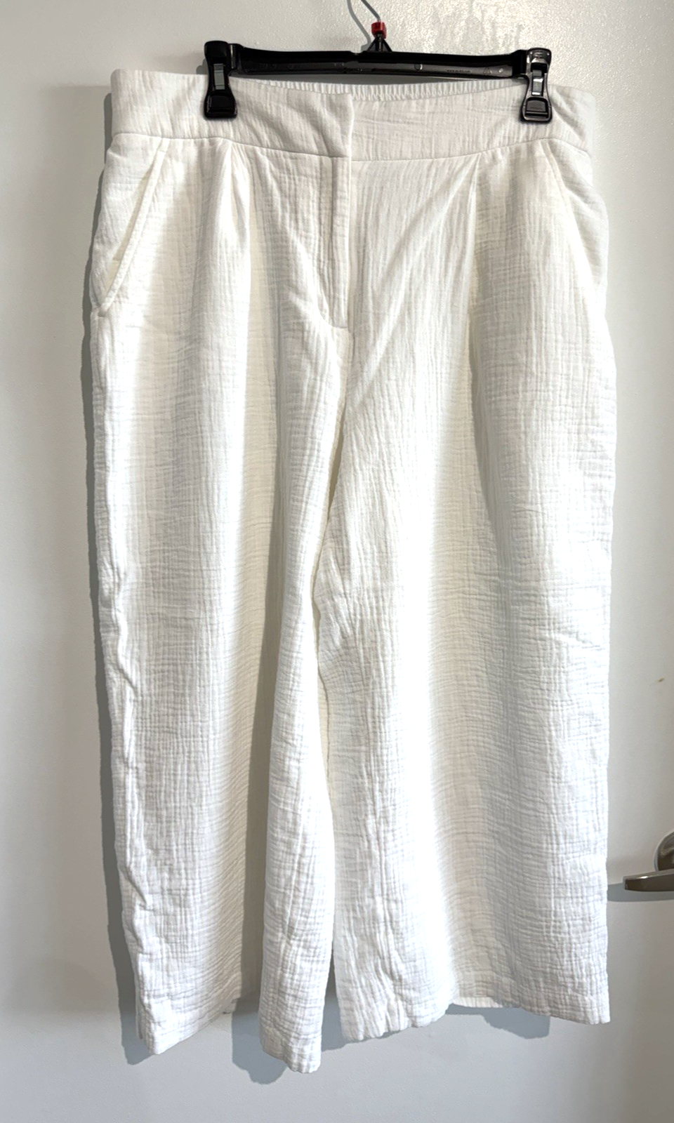 Women's Pull On White Pants Wide Leg Cotton Crinkle Gauze Cropped Lined Sz-L